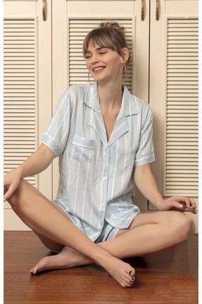 Summerose Mavi Beyaz Çizgili Şortlu Pijama Takımı 669