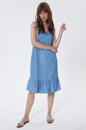 Fırfırlı Mavi Denim Elbise SPN21-346