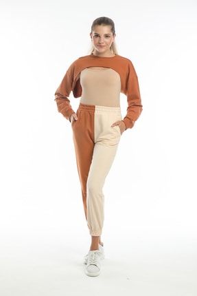 Kadın Kahverengi Crop Sweatshirt TGR-33