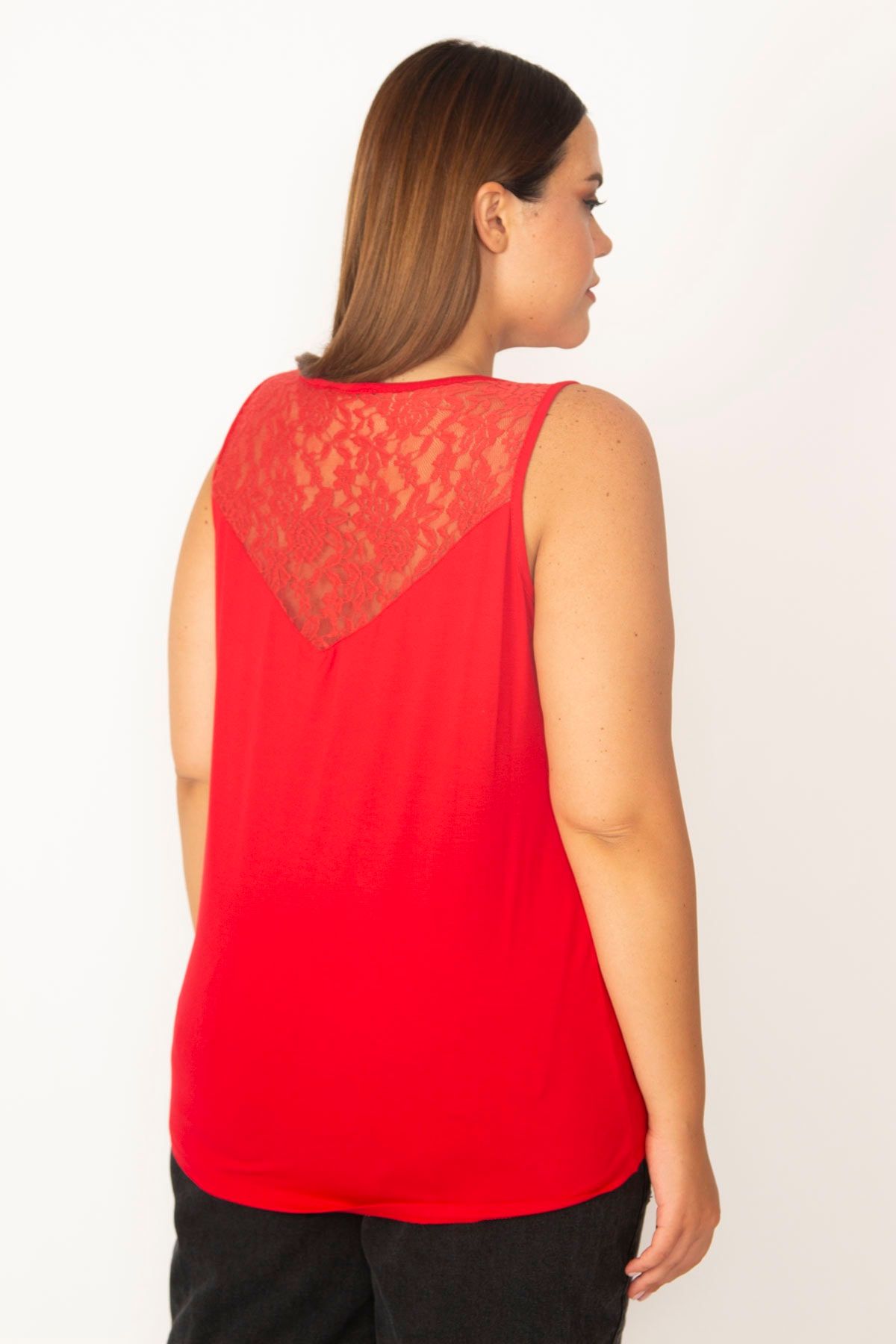 Şans-Women's Large Size Red Shoulder And Back Robe Lace Blouse 65n27399 4