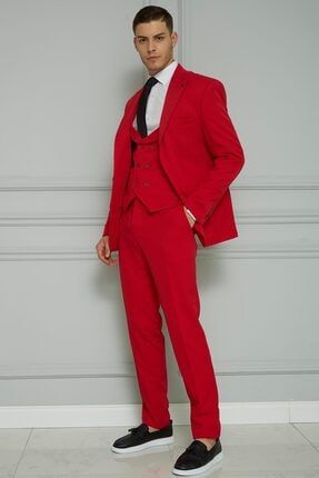 Süper Slim Fit Yelekli Takım Elbise Kırmızı 70011161-071