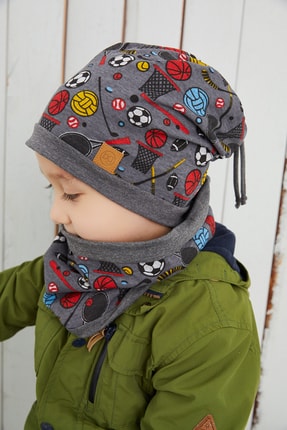 Babygiz Erkek Çocuk Füme Spor Bere Boyunluk Set Yumuşak Çift Katlı %100 Doğal...