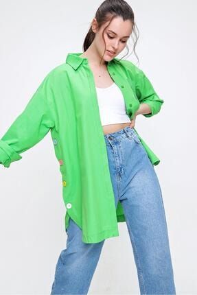 Kadın Neon Yeşili Renk Düğmeli Boyfriend Poplin Gömlek Sl00006 SL00006