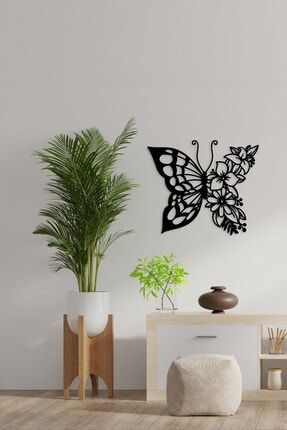 Siyah Ahşap Çiçekli Kelebek Duvar Dekoru - Salon Oturma Yatak Odası Mutfak Için 35x30cm Tablo NT0B10574