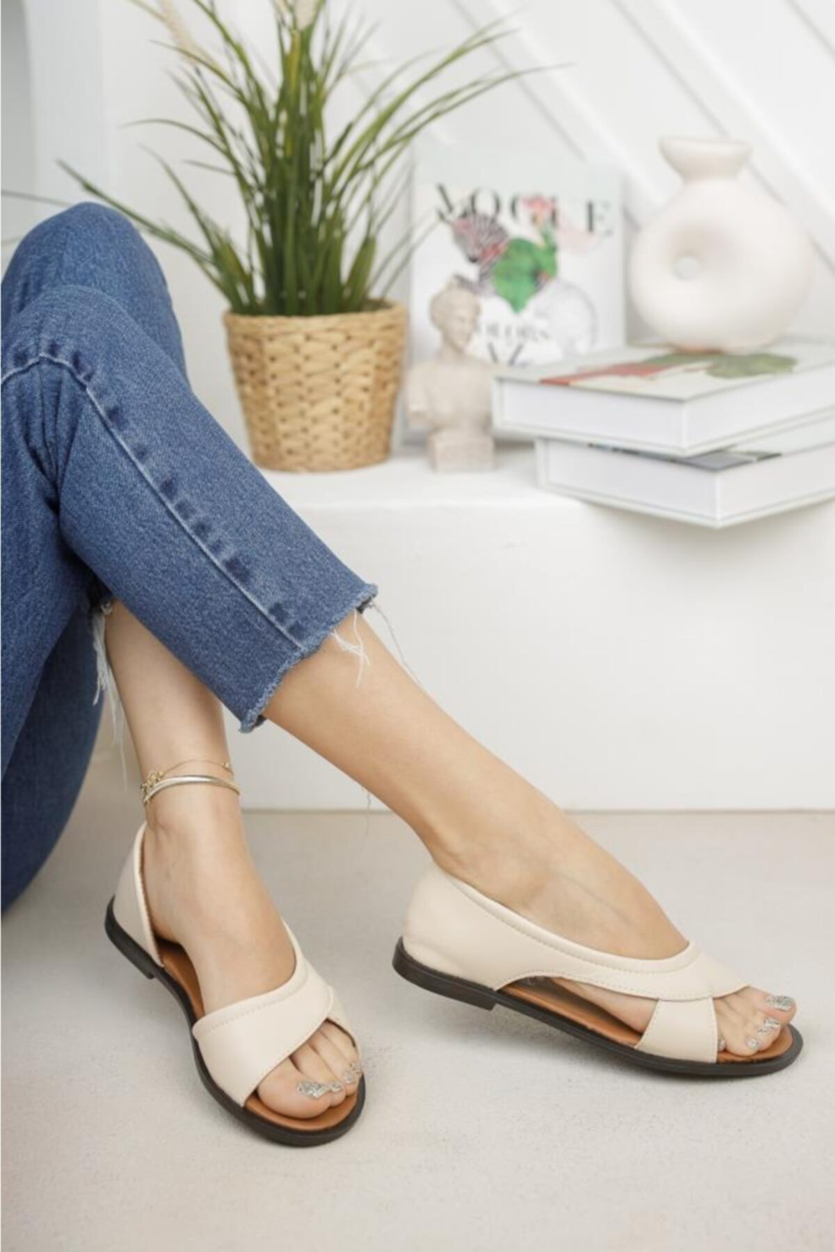 Moda Frato Kadın Krem Açık Sandalet Yazlık Ayakkabı Babet