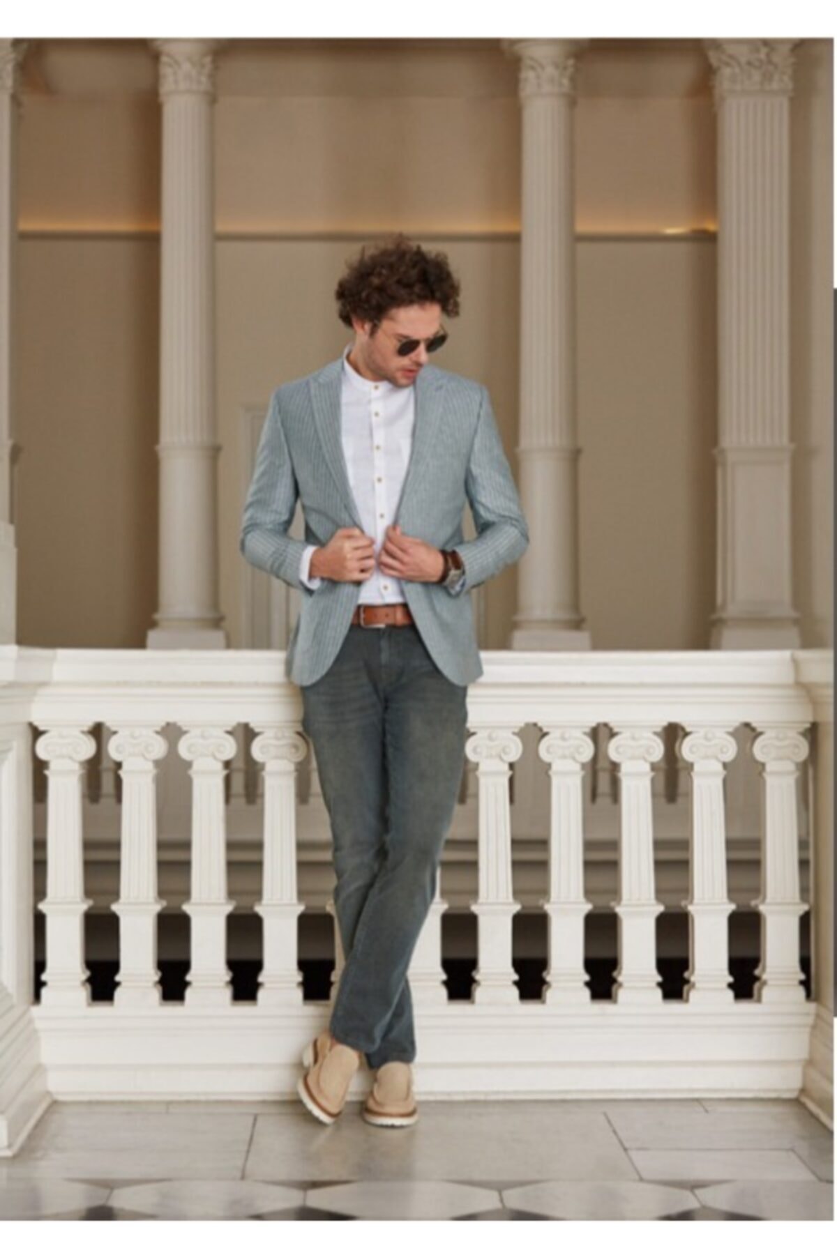 / ژاکت مردانه خاکی ساده و اسلیم کات یقه مونو ۴۸۶۵