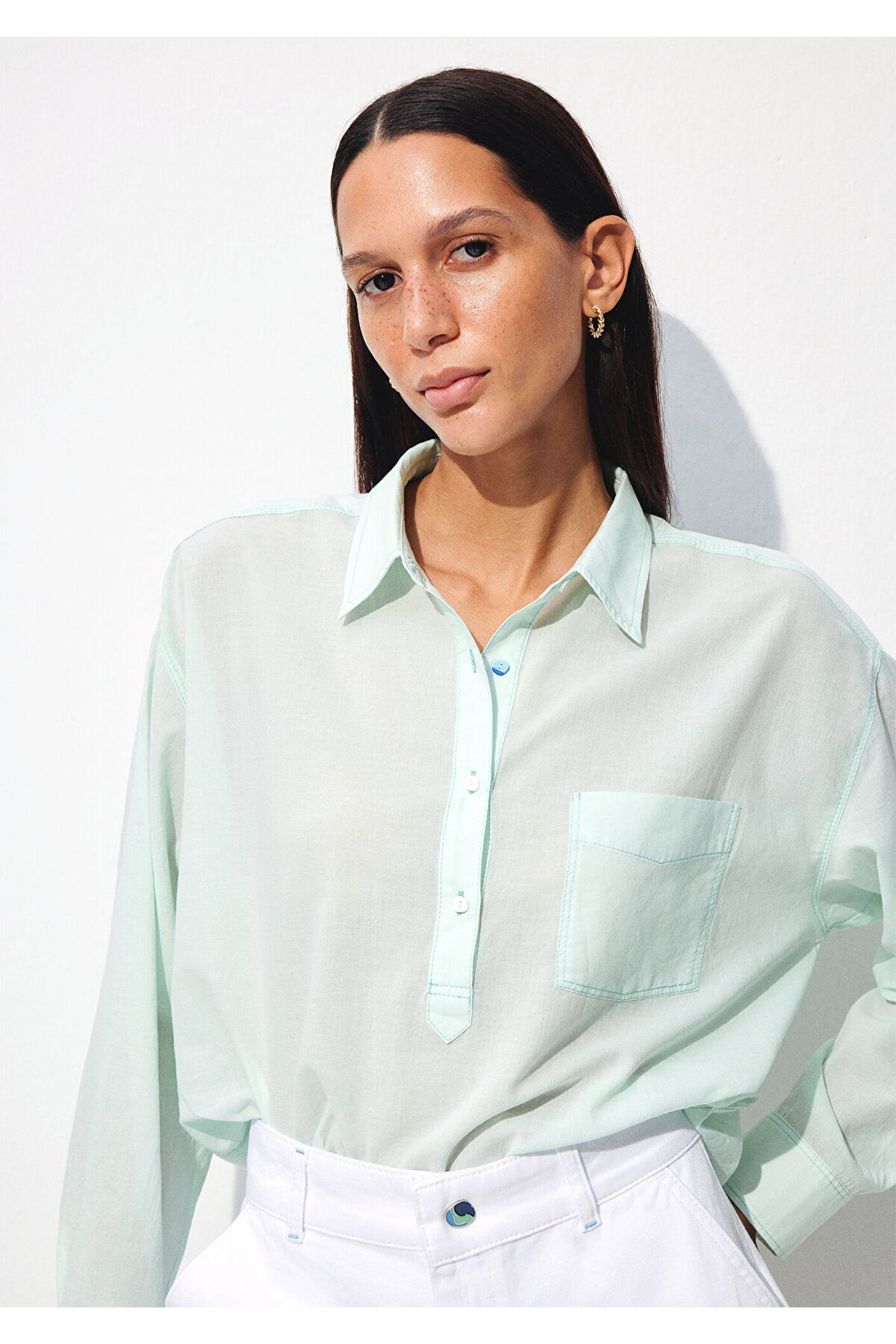 Mavi-Green Button Detailed Blouse - 1210907 -71633 2