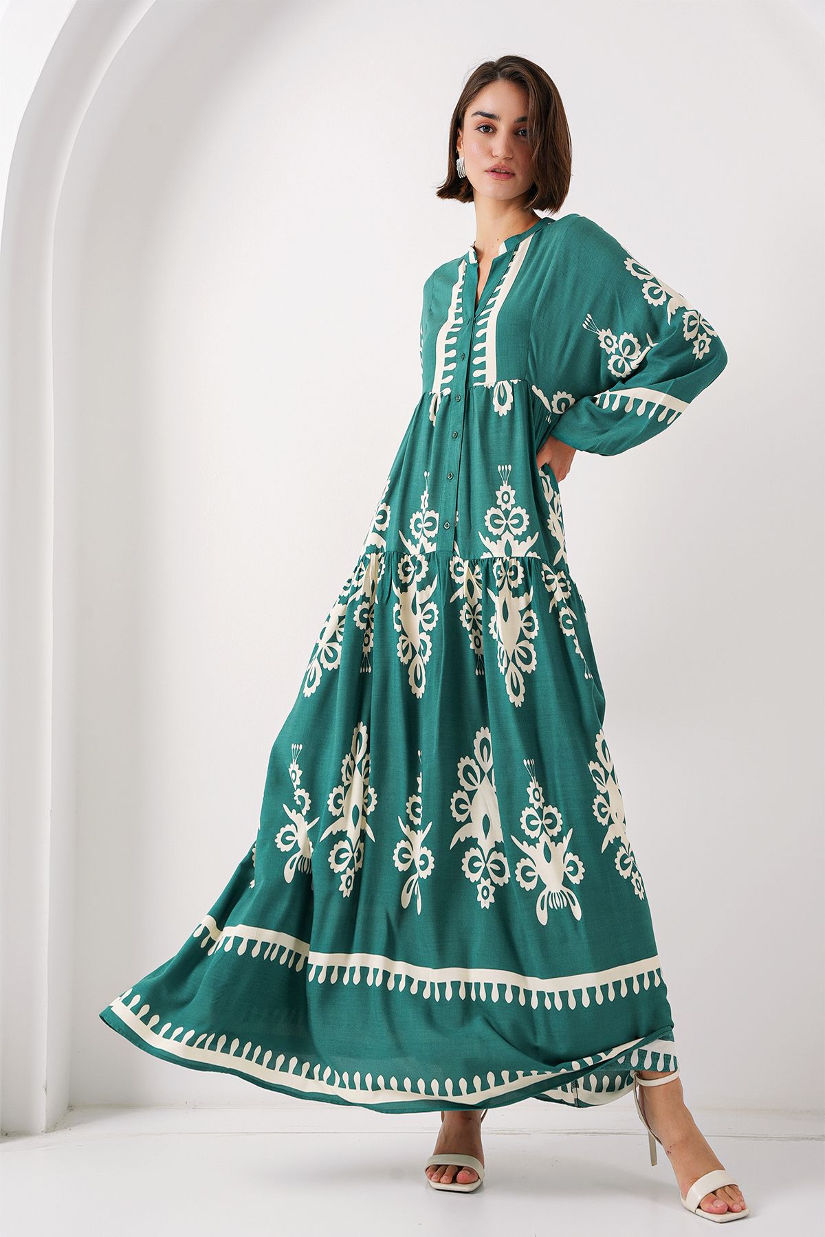 Bigdart-2423 Model Authentic Patterned Emerald Green Dress 3