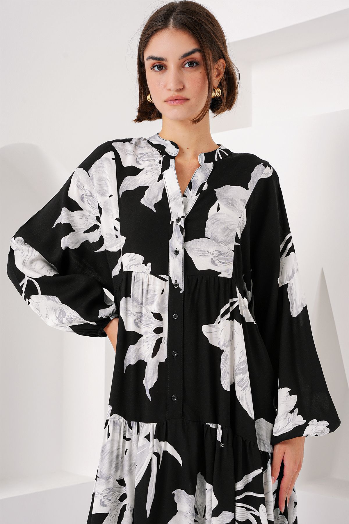 Bigdart-2423 Model Authentic Patterned Black Dress 5