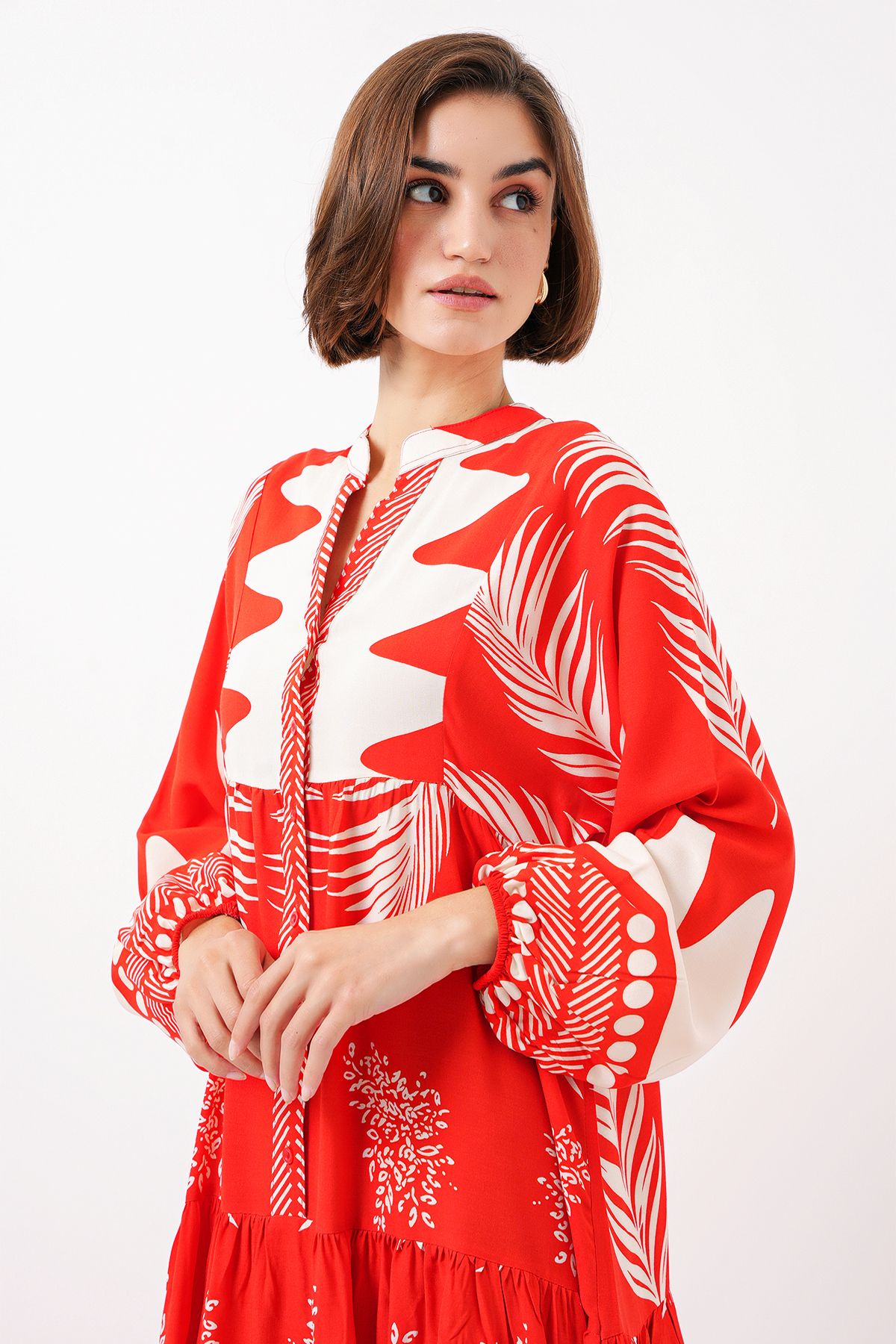 Bigdart-2423 Model Authentic Patterned Red Dress 4