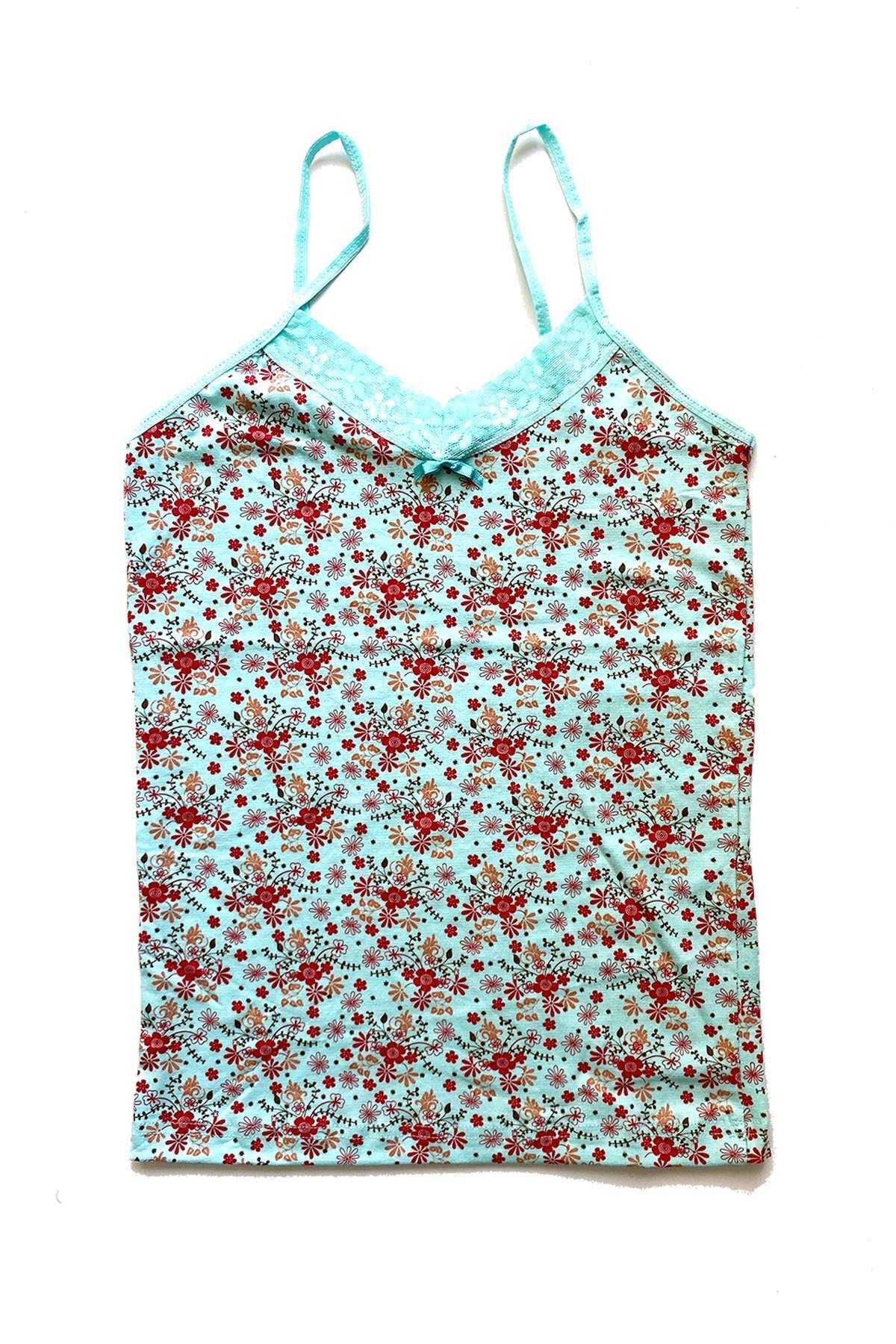 Pink Stil Kadın Askılı Desenli Atlet Dantelli Empirme Pamuklu Penye D5 Pink Stil