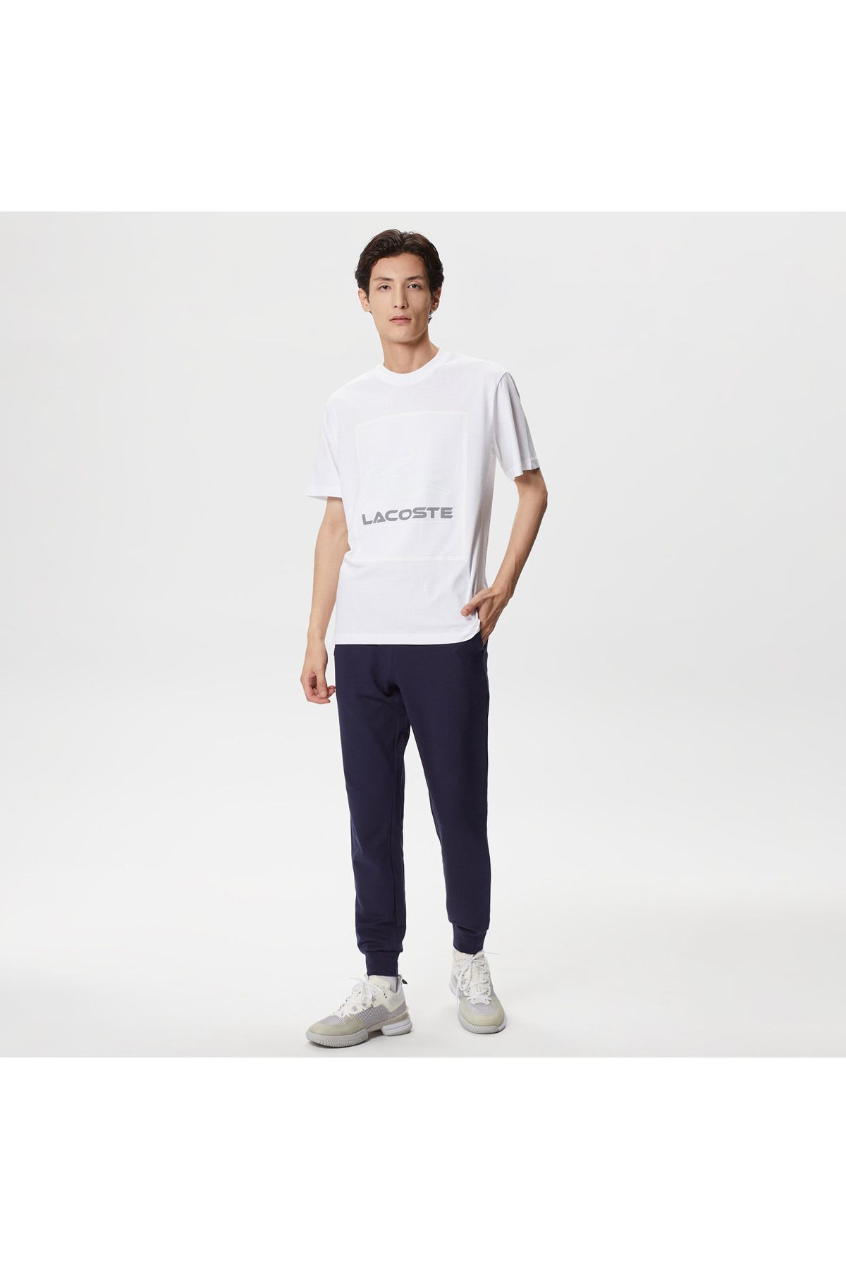 تی شرت سفید مردانه یقه دوچرخه تناسب طرح دار Lacoste