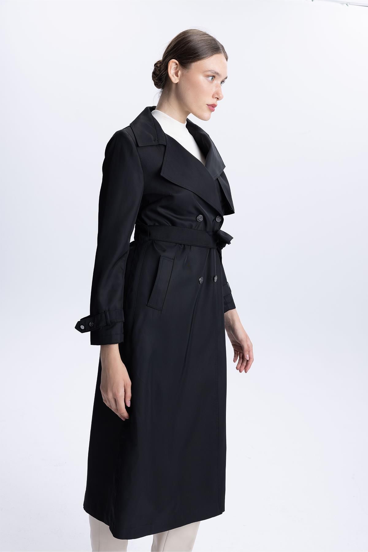 Zühre-Double Breasted Collar Sleeve Detailed Black Trench Coat 13311 4