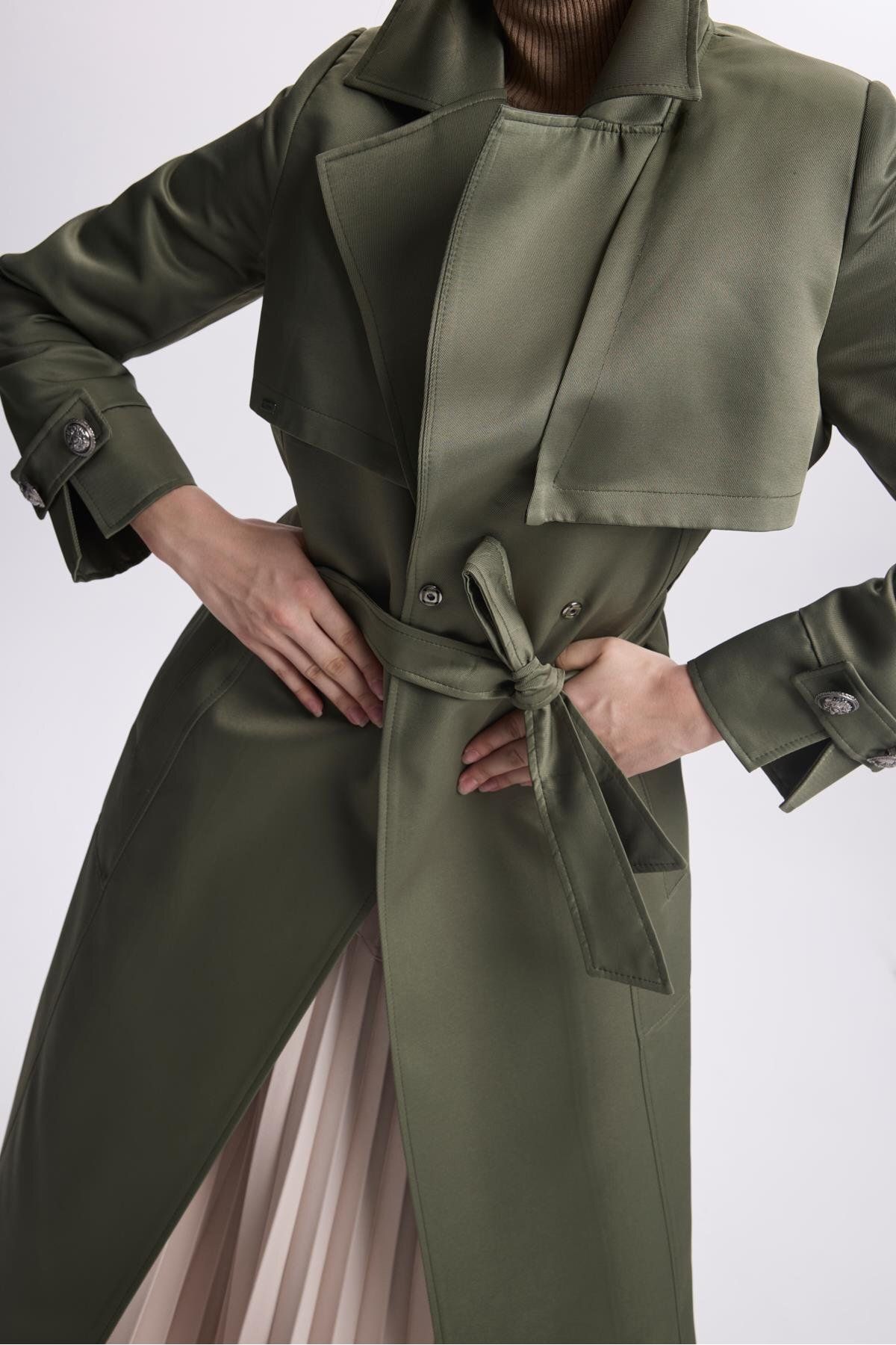 Zühre-Khaki Trench Coat - Double Breasted Collar and Button Detail 13532 2