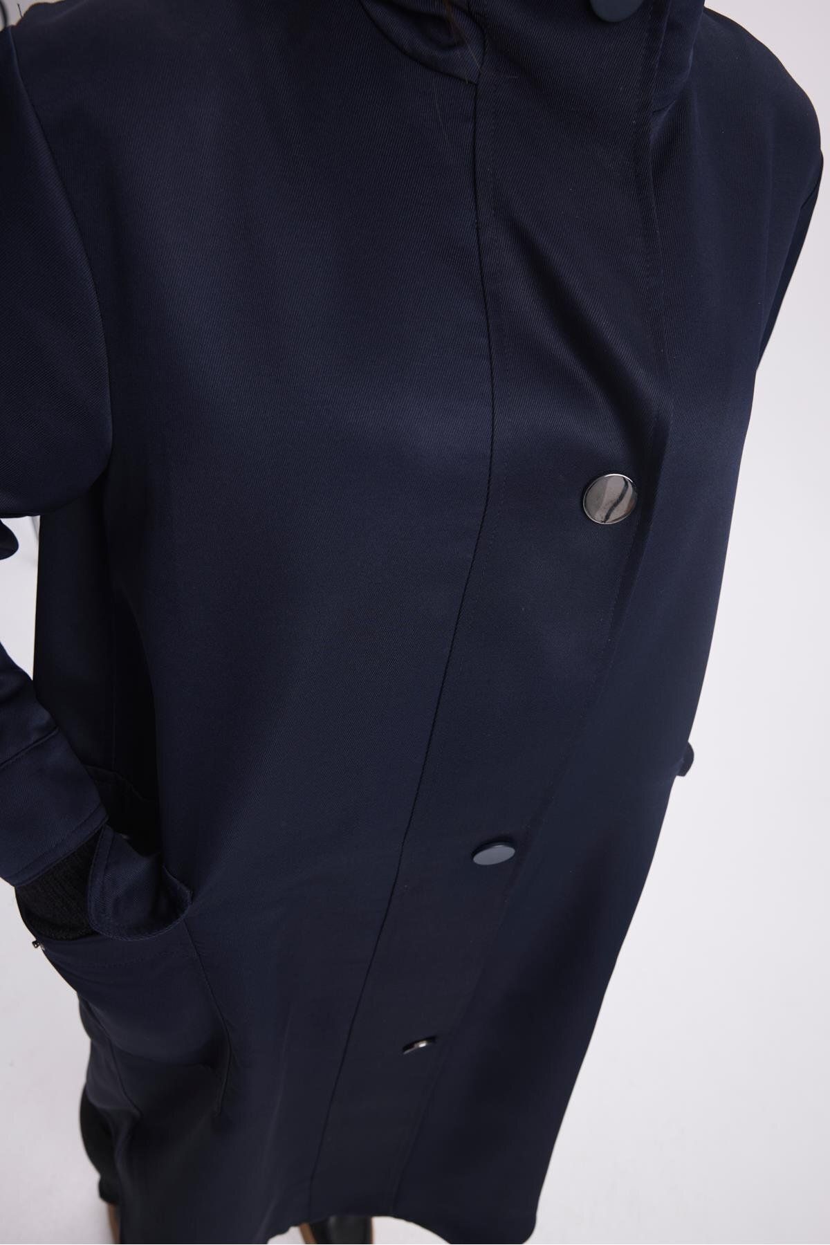 Zühre-Navy Blue Hooded Trench Coat 13612 - Pocket Detailed 3