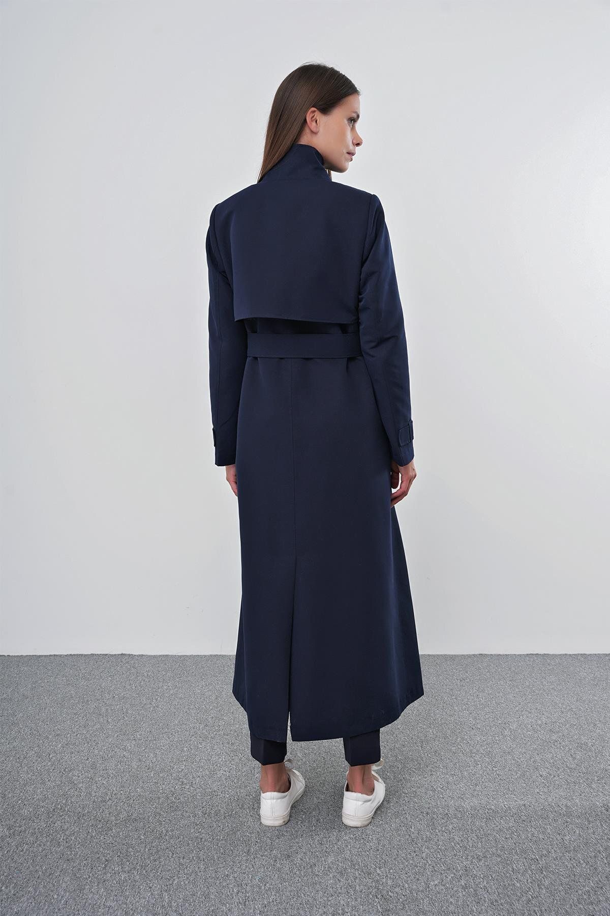 Zühre-Navy Blue Belted Trench Coat - Collar and Shoulder Detail 13542 6