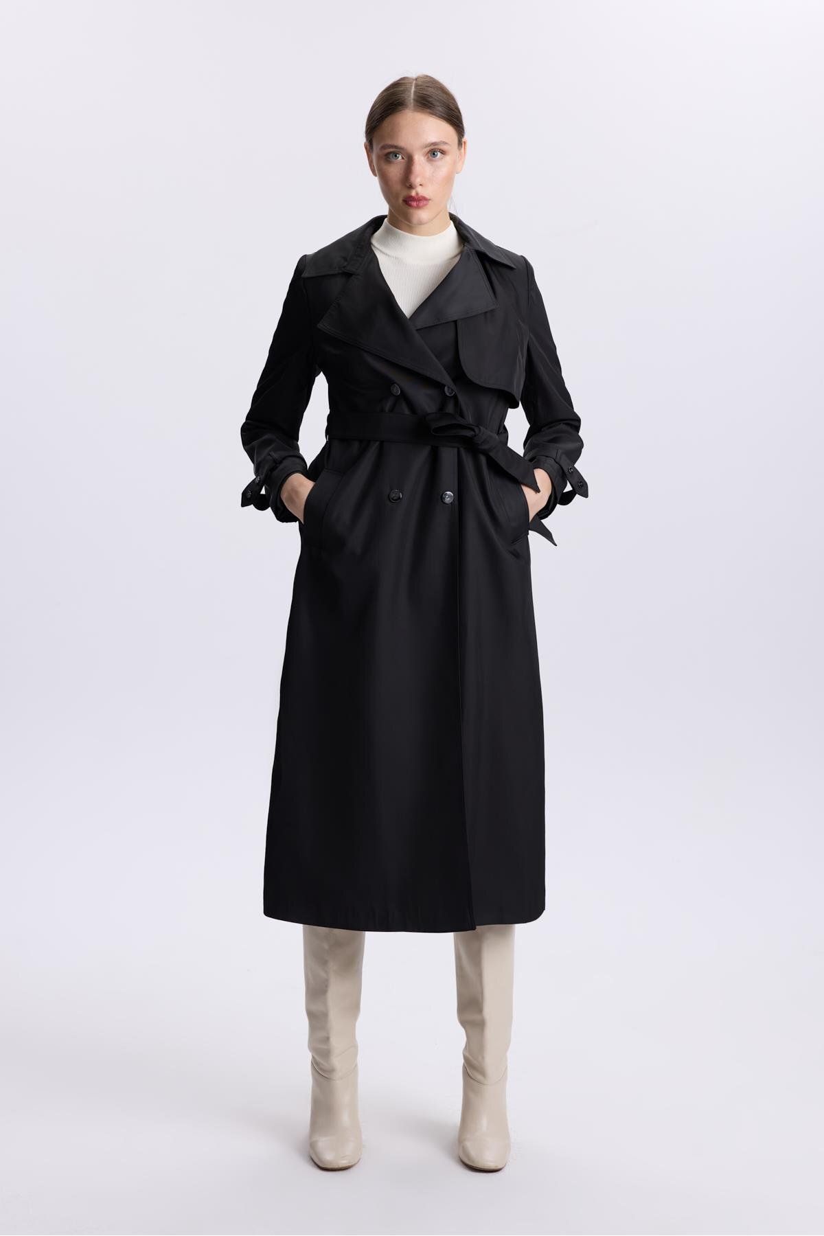 Zühre-Double Breasted Collar Sleeve Detailed Black Trench Coat 13311 1