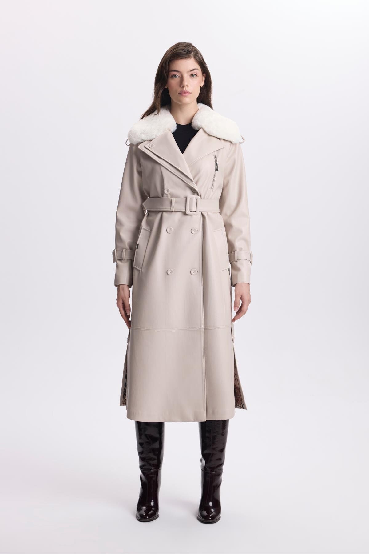 Zühre-Leather Stone Trench Coat - Fur Collar, Zipper Detail, 13527 3