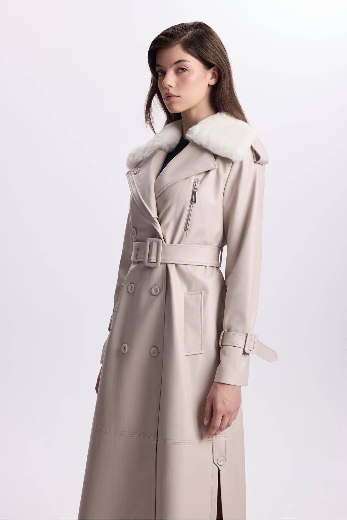 Zühre-Leather Stone Trench Coat - Fur Collar, Zipper Detail, 13527 5