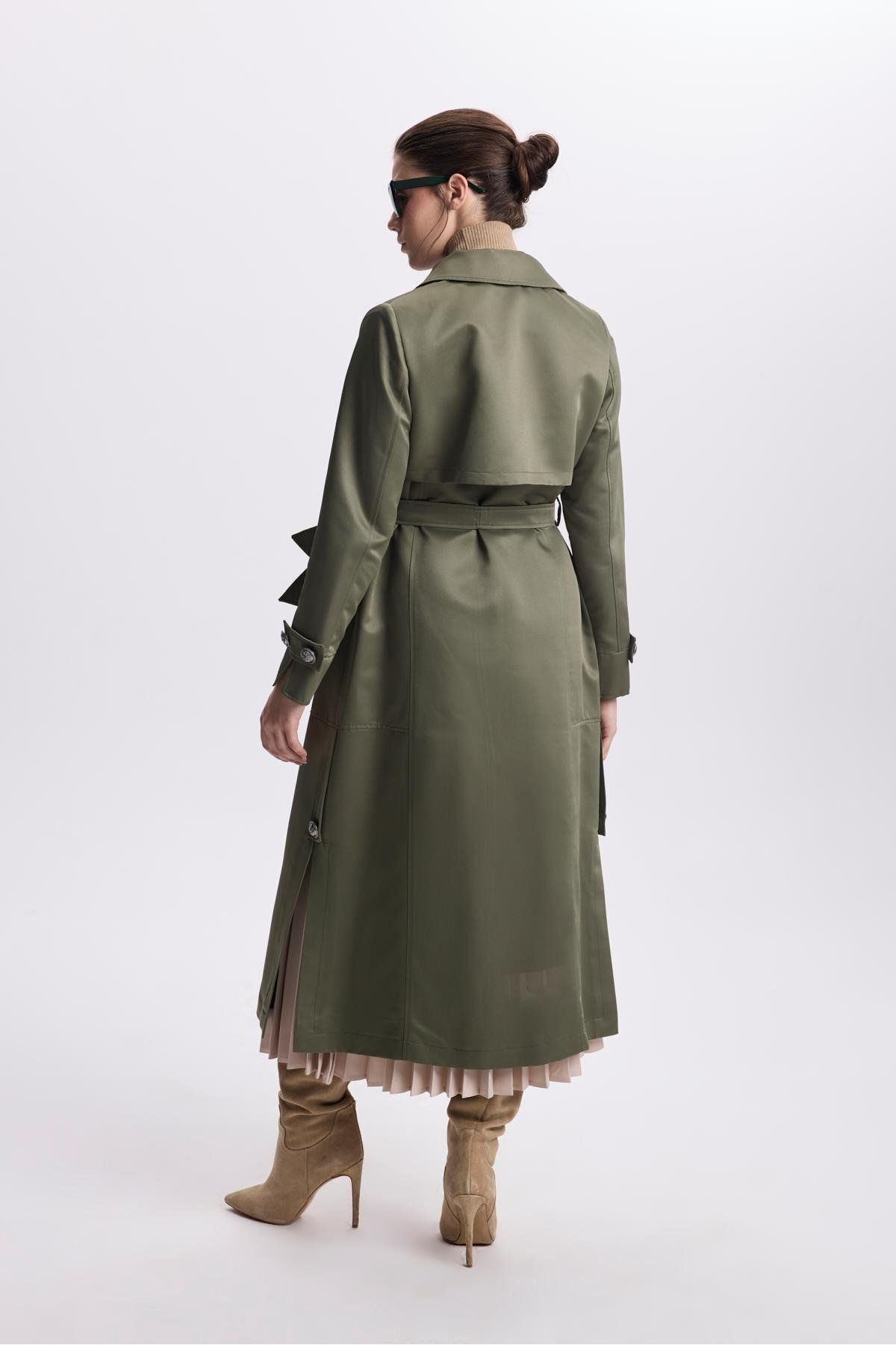 Zühre-Khaki Trench Coat - Double Breasted Collar and Button Detail 13532 6