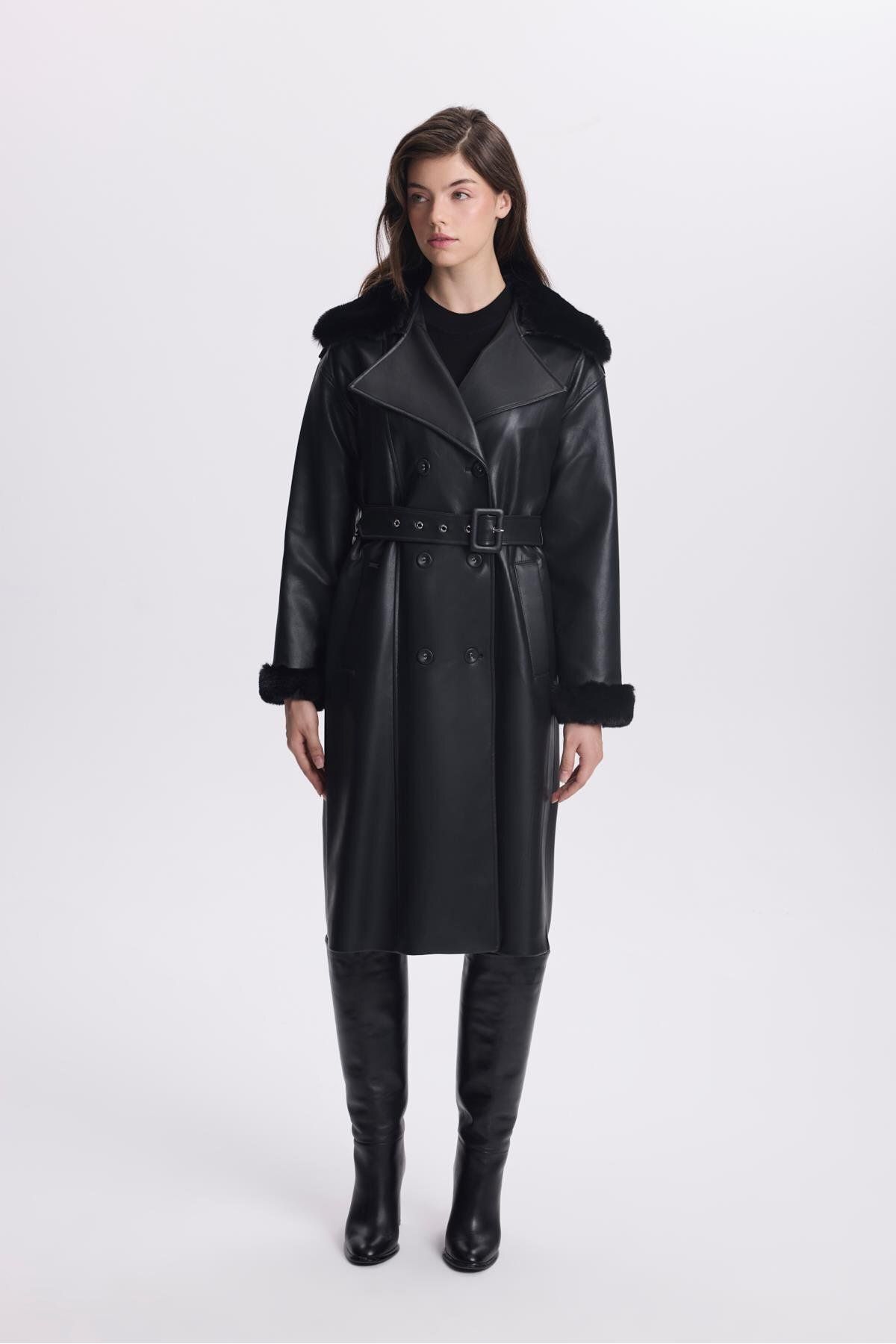 Zühre-Black Fur Detailed Trench Coat - Sleeve and Shoulder 13521 7