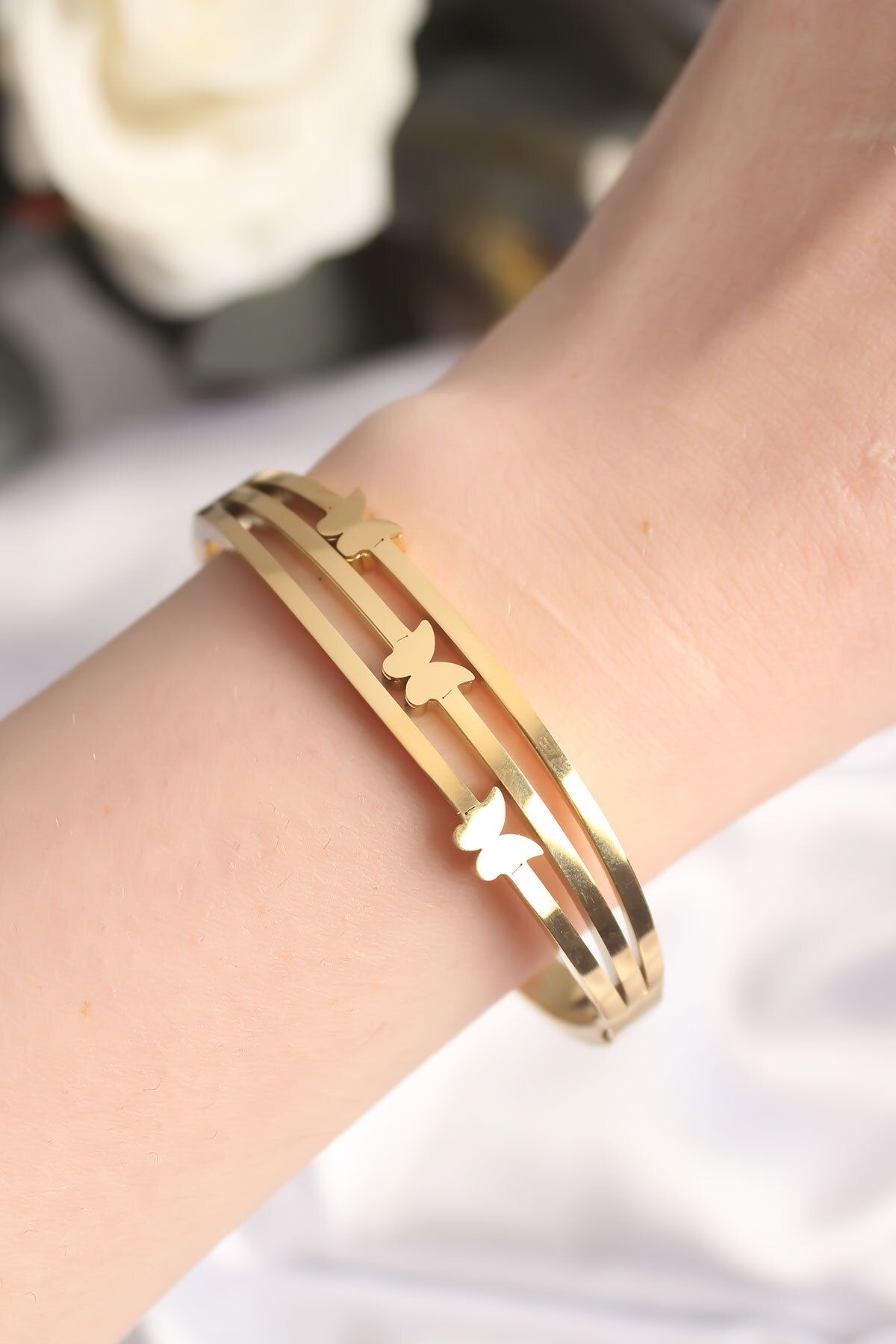 nazeninstoğu-316L Steel Special Series Butterfly Gold Color Women's Handcuffs Bracelet 2