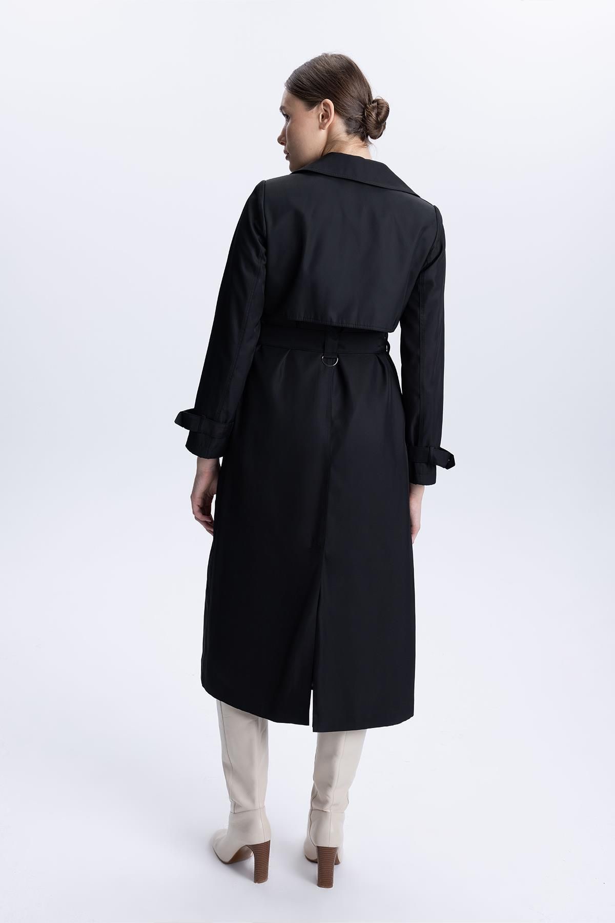 Zühre-Double Breasted Collar Sleeve Detailed Black Trench Coat 13311 5