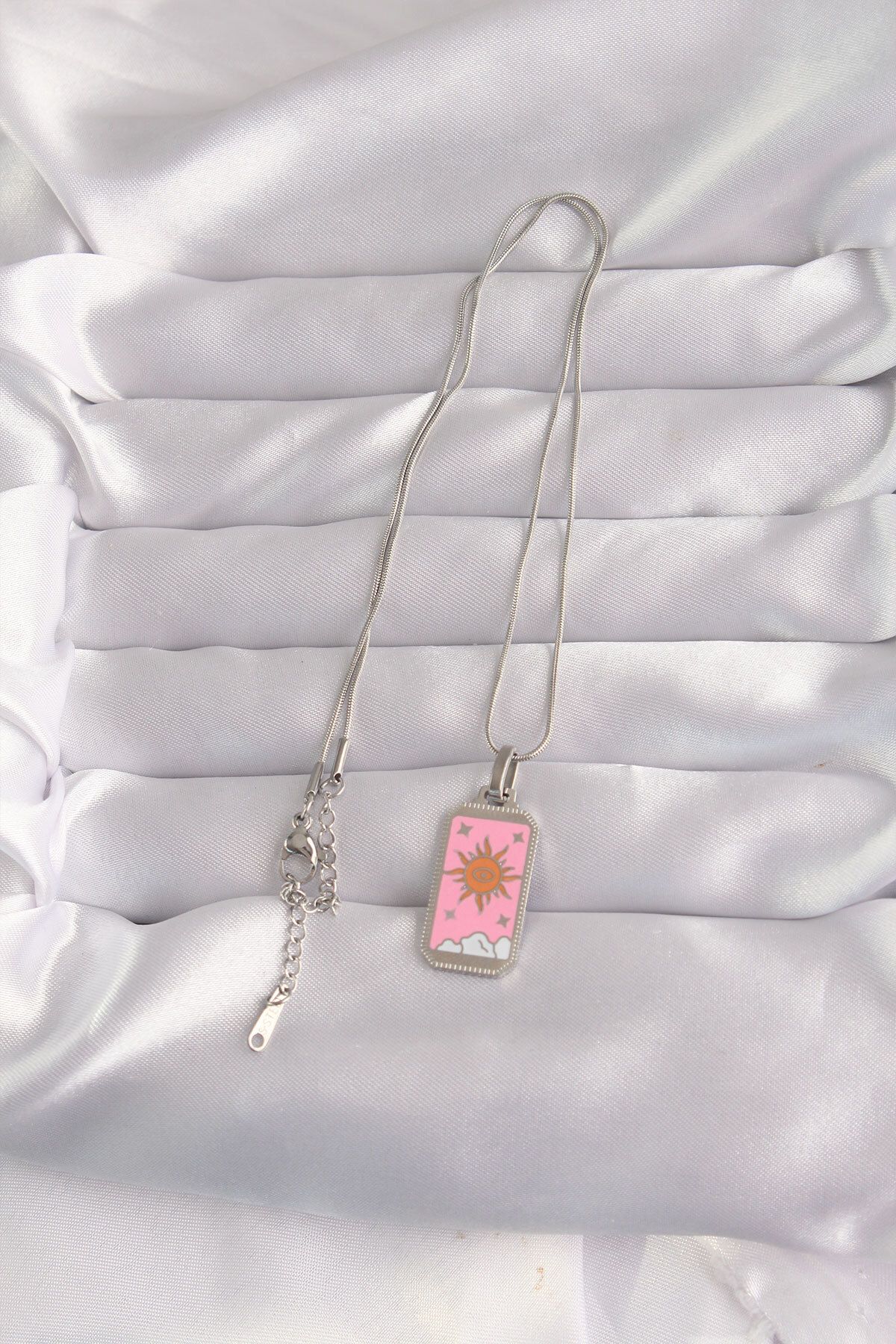 NZM TİCARET-316L Steel Special Series Silver Color Pink Enamel Sun Model Tarot Necklace 1