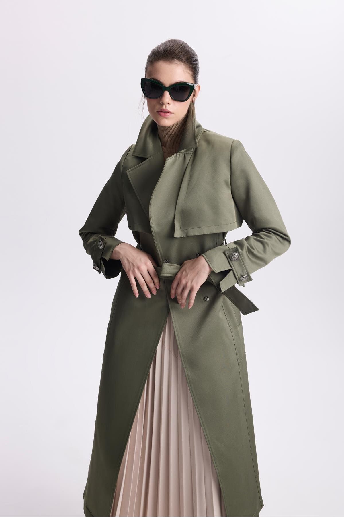 Zühre-Khaki Trench Coat - Double Breasted Collar and Button Detail 13532 4