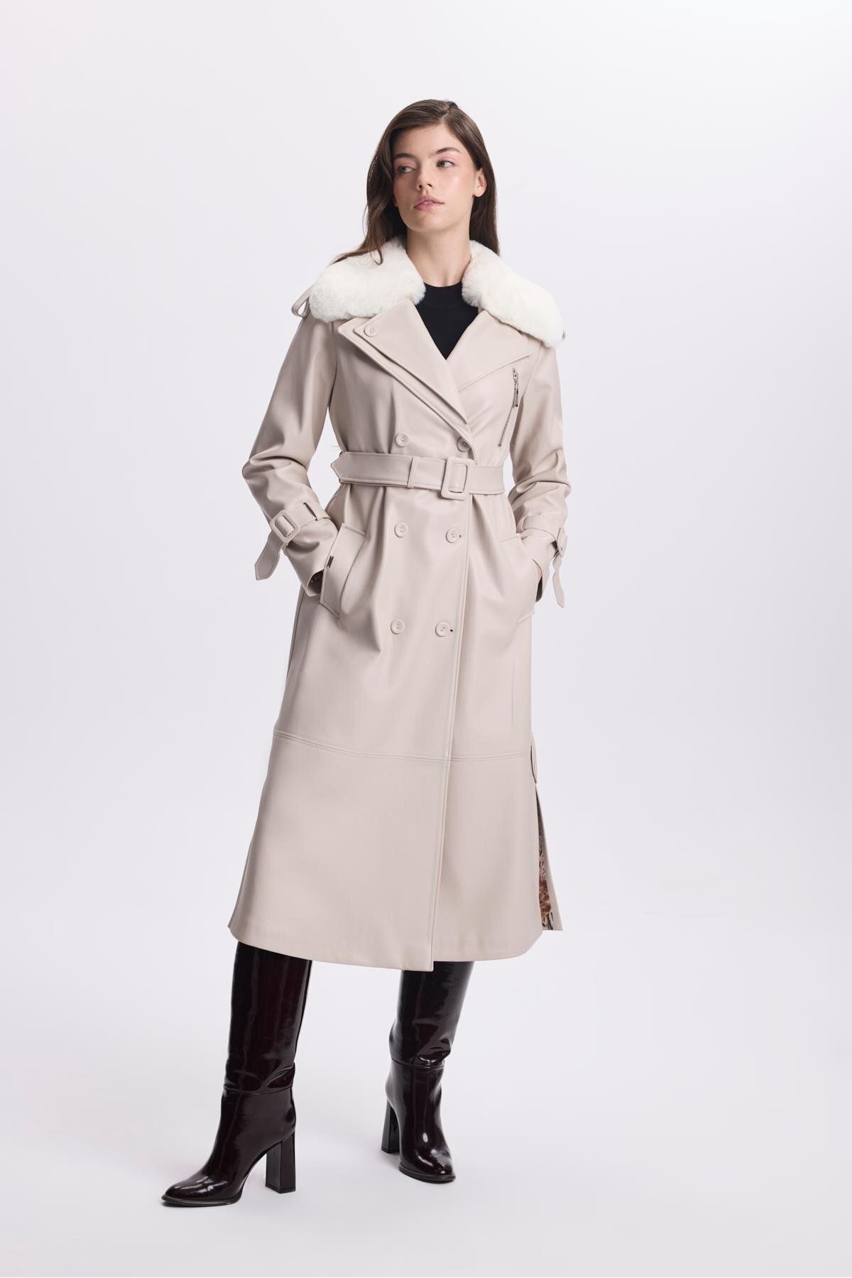 Zühre-Leather Stone Trench Coat - Fur Collar, Zipper Detail, 13527 6