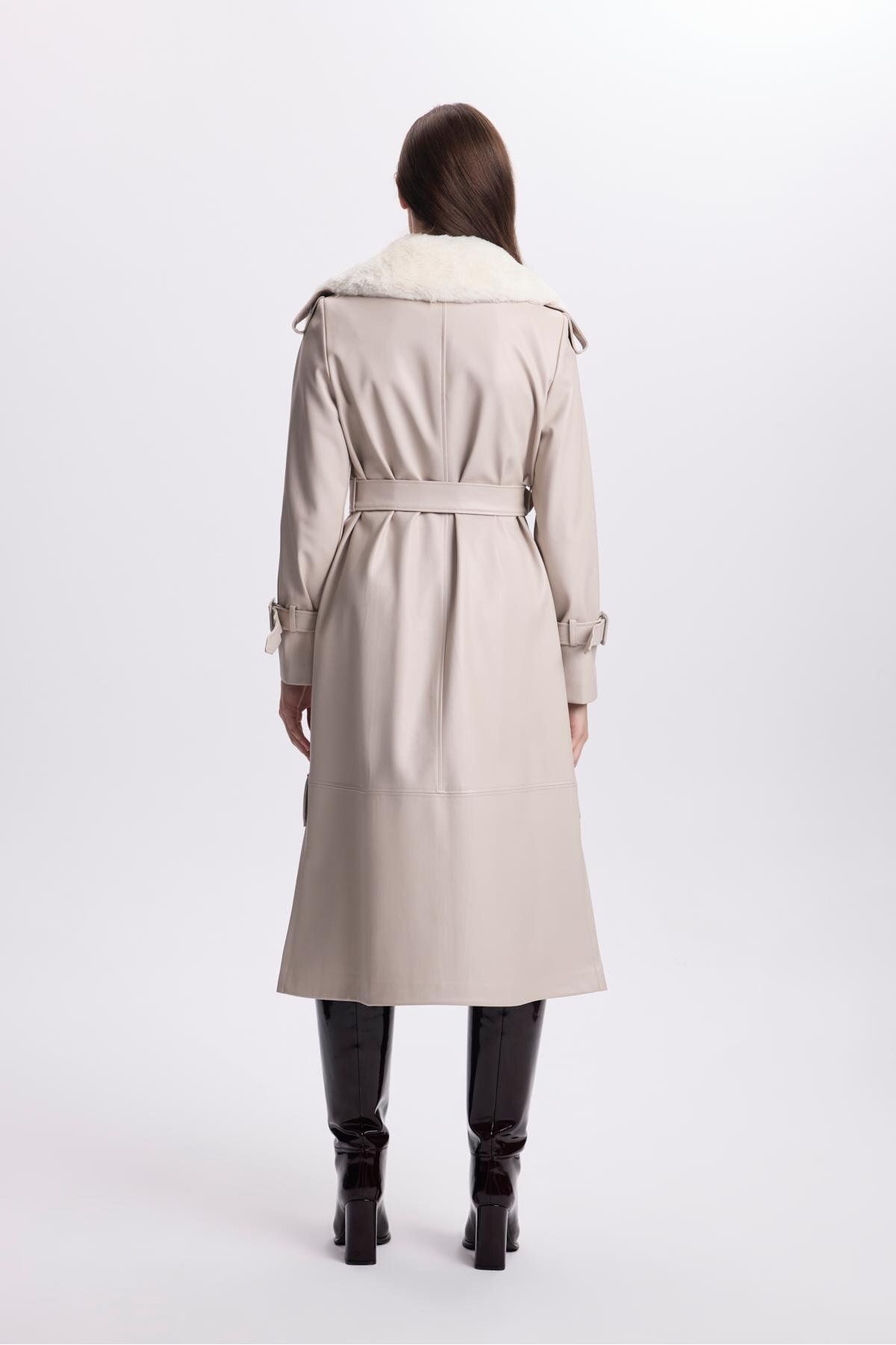 Zühre-Leather Stone Trench Coat - Fur Collar, Zipper Detail, 13527 7