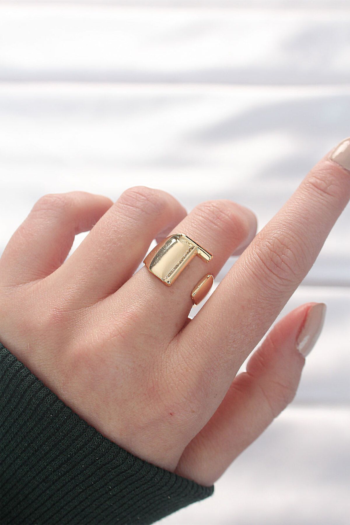 nazeninstoğu-Gold Color Adjustable Ring with Letter t 1