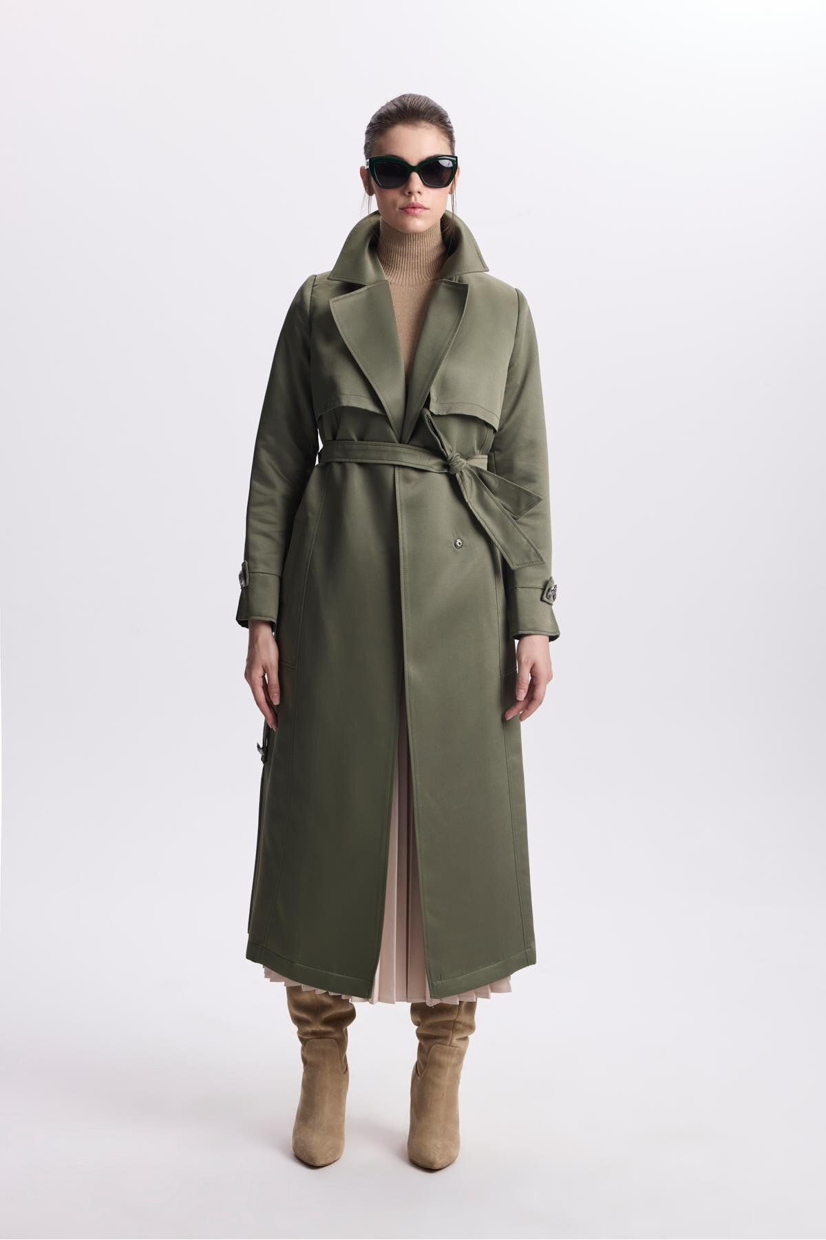 Zühre-Khaki Trench Coat - Double Breasted Collar and Button Detail 13532 5