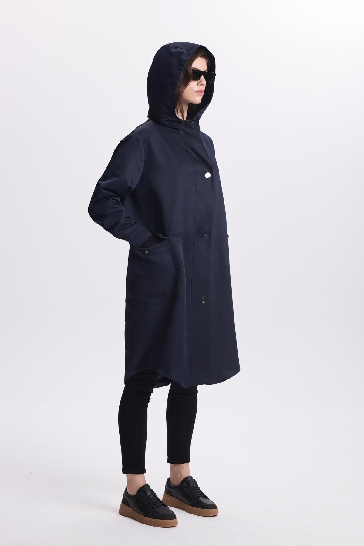 Zühre-Navy Blue Hooded Trench Coat 13612 - Pocket Detailed 4