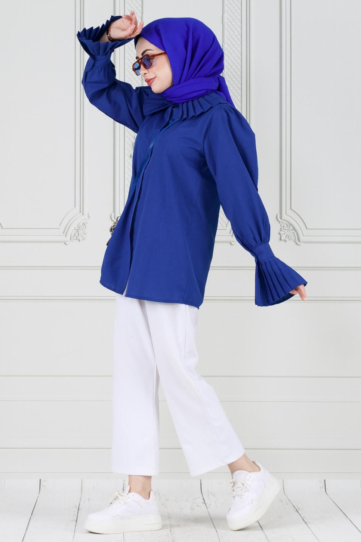 تونیک پوشیده آبی زنانه حجاب بازوی گل رز FIRST TUNIC MAVI Sevitli