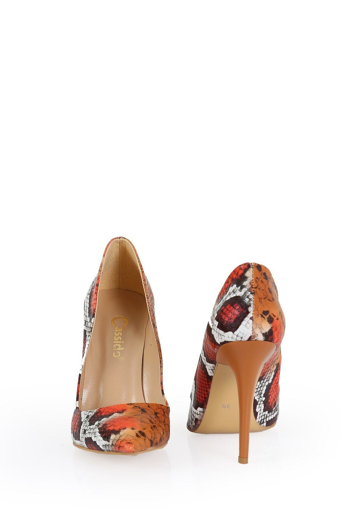 CassidoShoes-Snake Printed Leather Bag and Heeled Shoes Orange Set 038-025 6