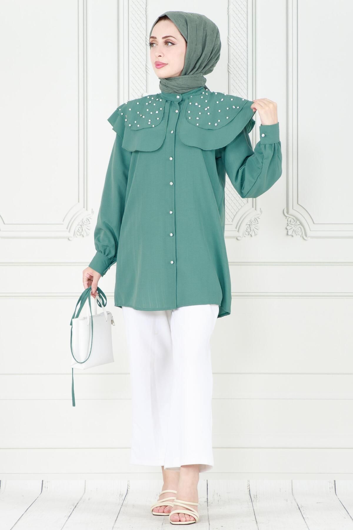 Sevitli-Mint Green Tunic with Cape and Pearls 2