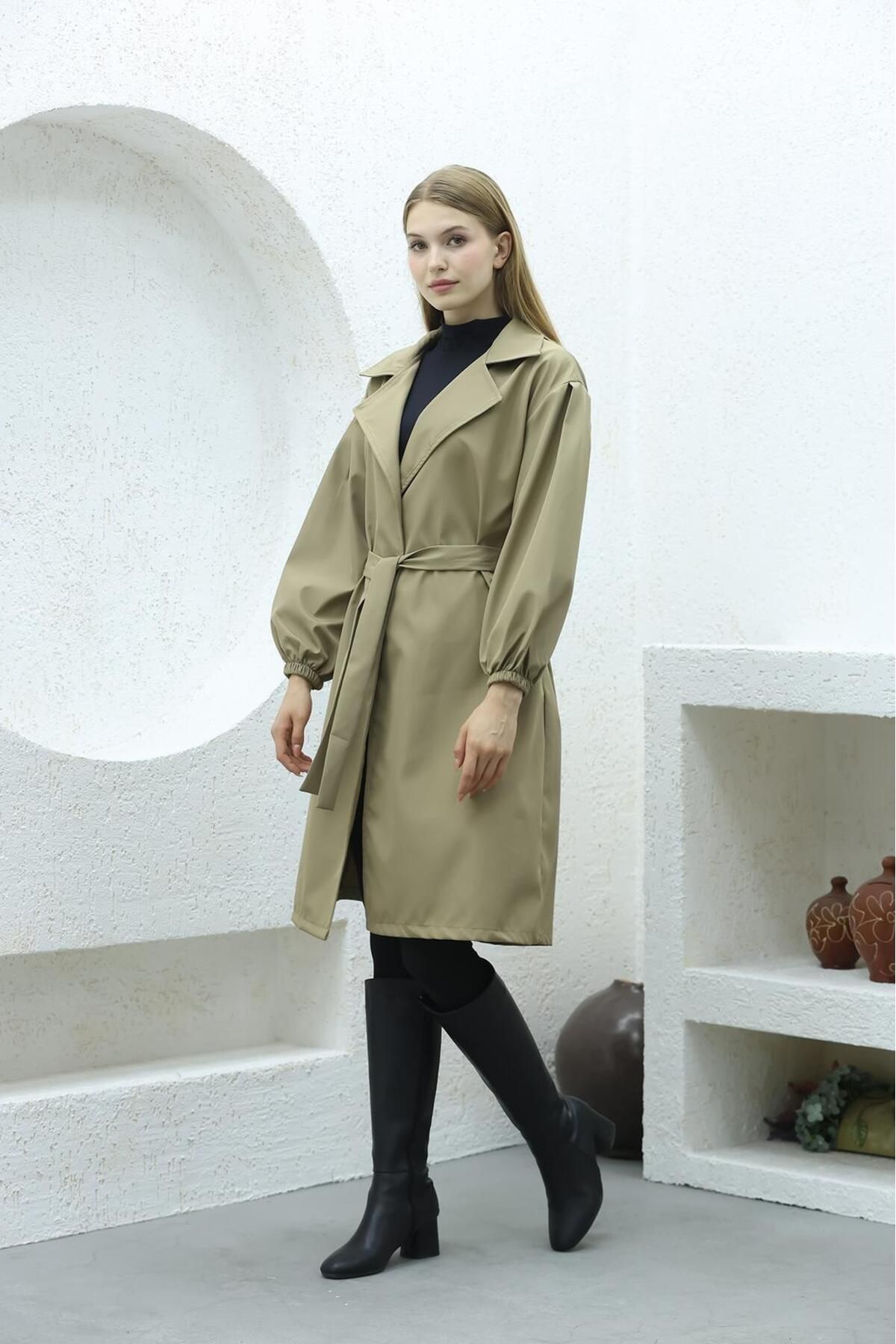 QUBERZ-Balloon Sleeve Belted Trench Coat Mink 3