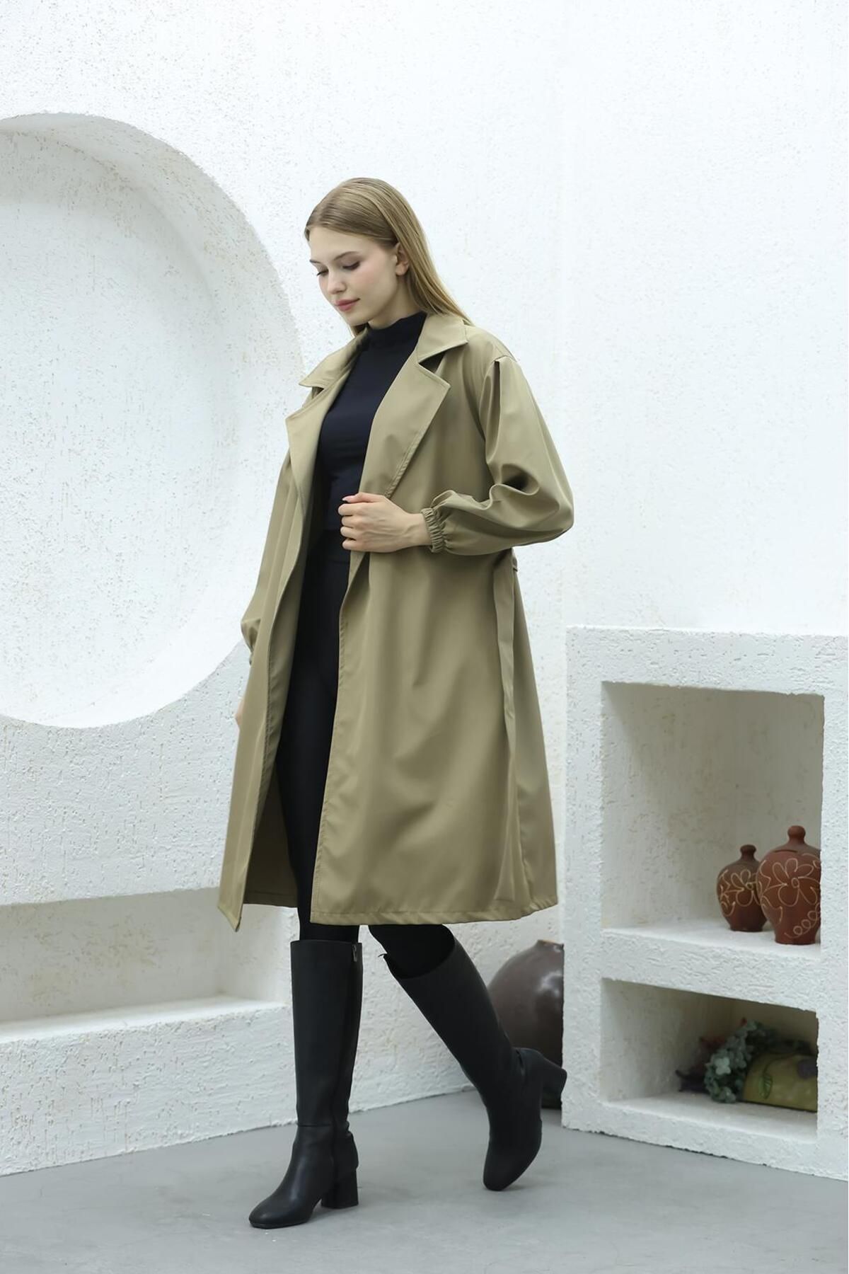 QUBERZ-Balloon Sleeve Belted Trench Coat Mink 1