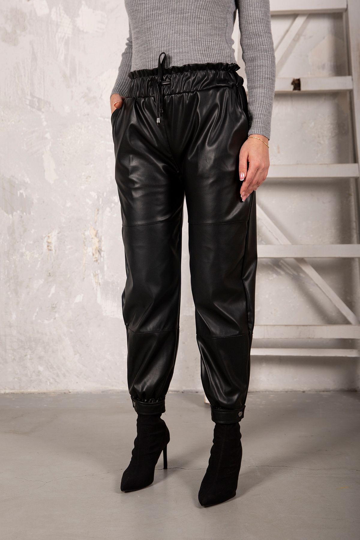 Melike Tatar-Black Faux Leather Trousers with Snap Fasteners 32-9502 1