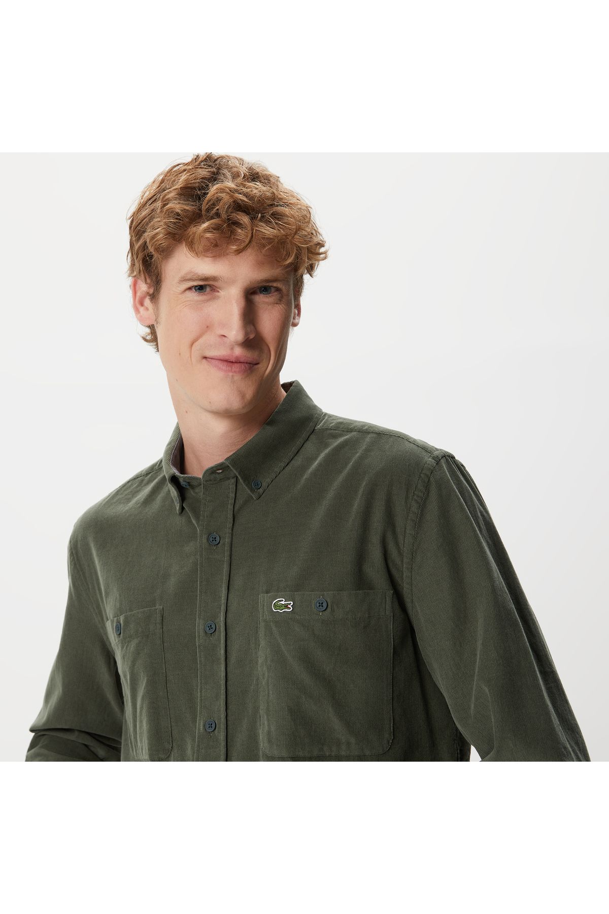 پیراهن / بلوز دکمه دار سبز مردانه خاکی Collar Button اورجینال Lacoste