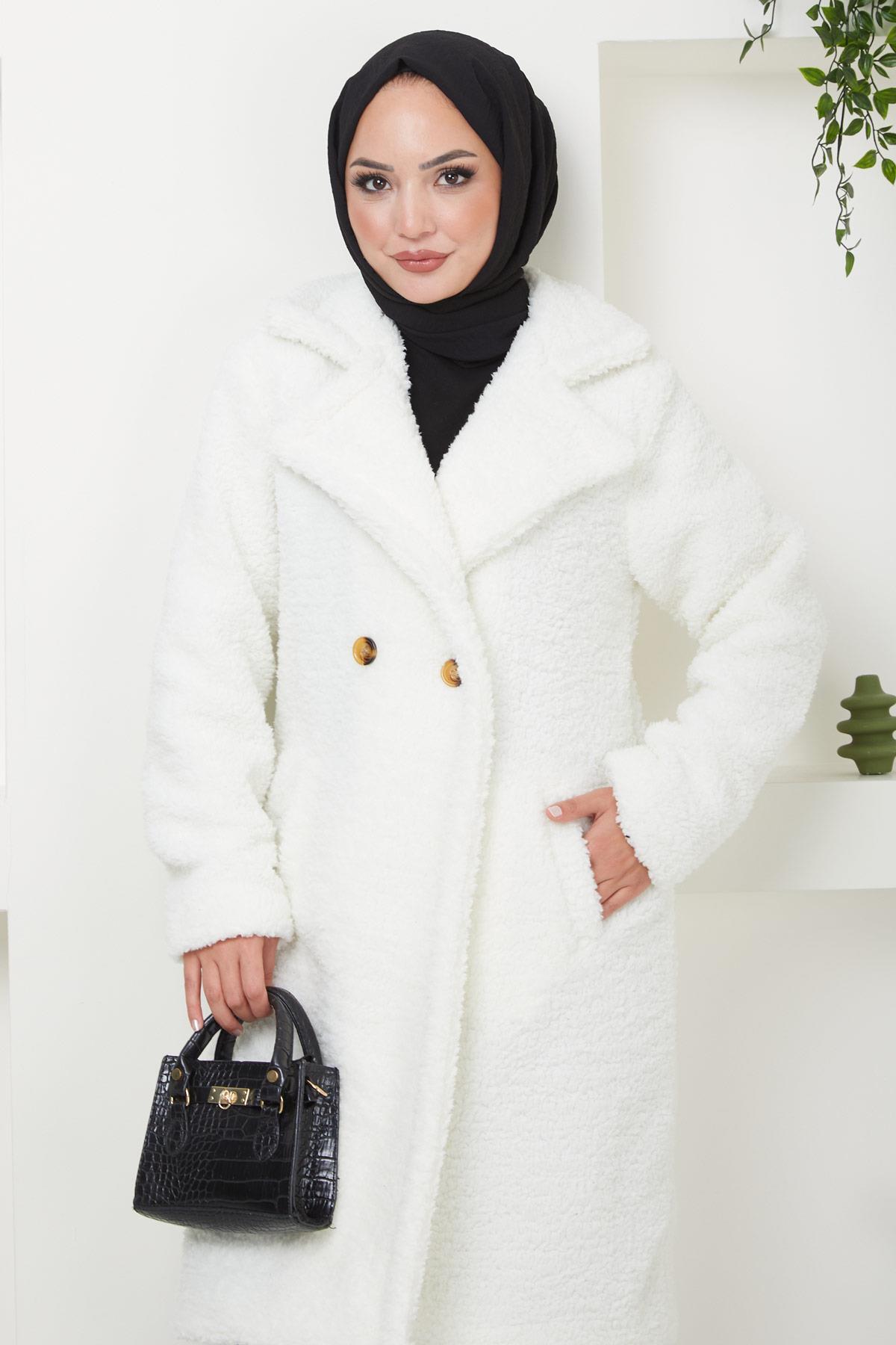 hafsamina  Fleto Cepli Peluş Mont Beyaz HM2506 - Görsel 3