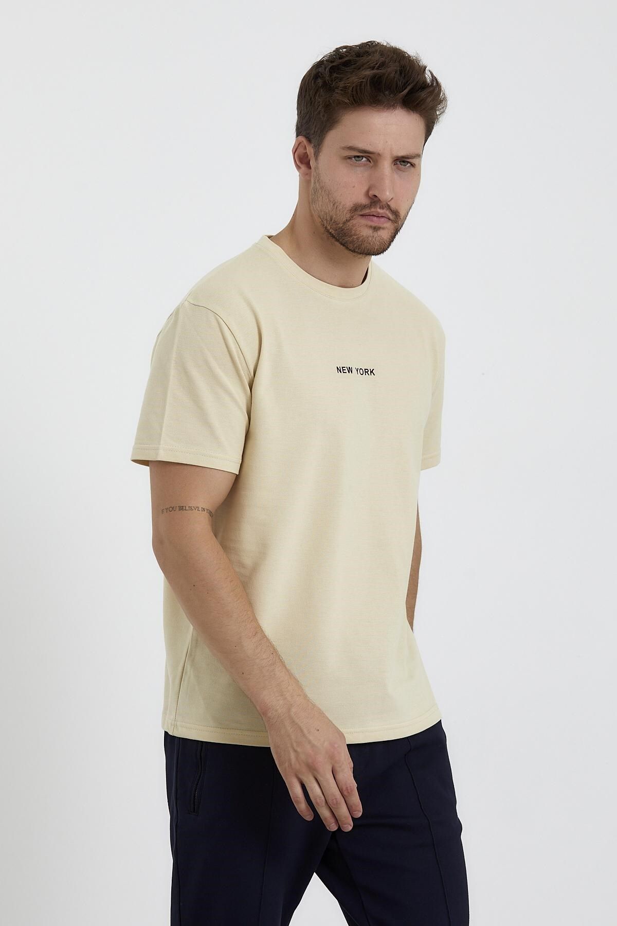 odelon-Tricou crem pentru bărbați - decolteu, imprimat New York, potrivire confortabilă 2