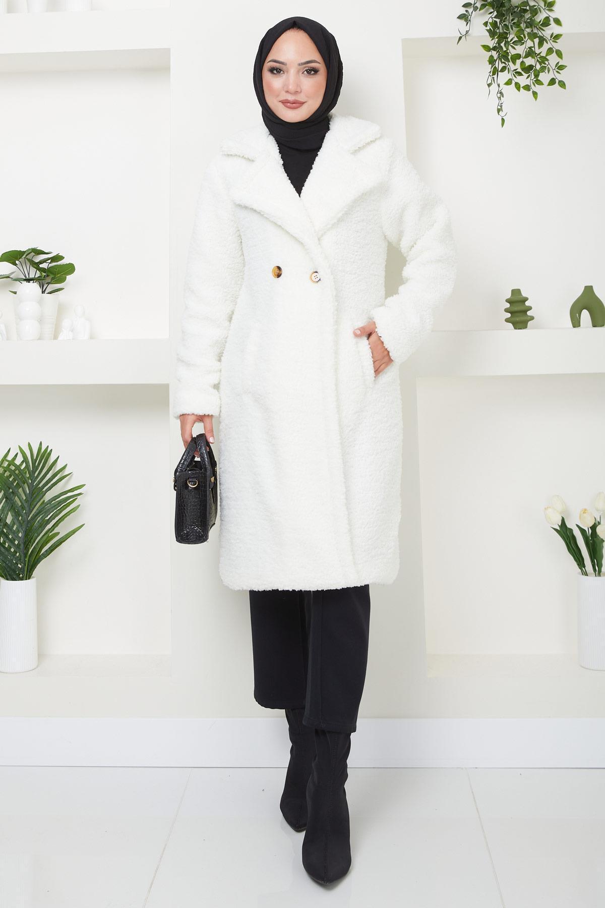 hafsamina  Fleto Cepli Peluş Mont Beyaz HM2506 - Görsel 7