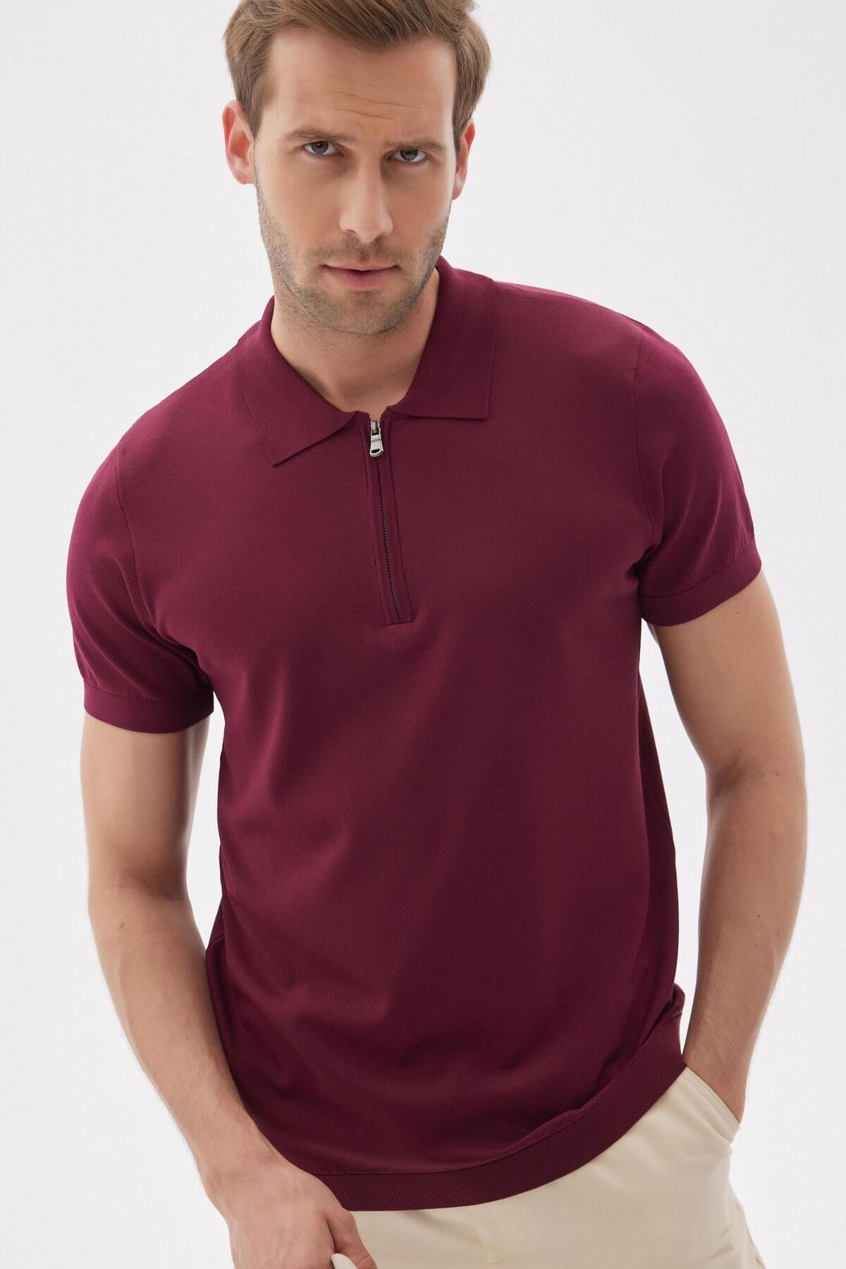 odelon-Tricou pentru bărbați tricotaj roșu Claret cu gât polo - fermoar simplu, raion 1