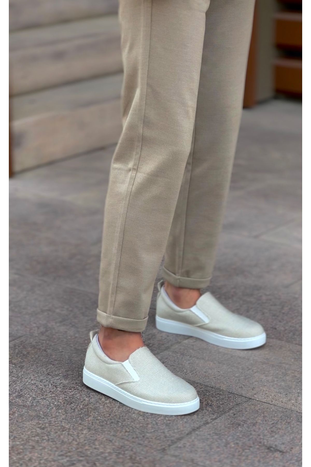 BOA-BA0339 Pantofi casual pentru bărbați din in - Talpă alb crem, fără șireturi 3