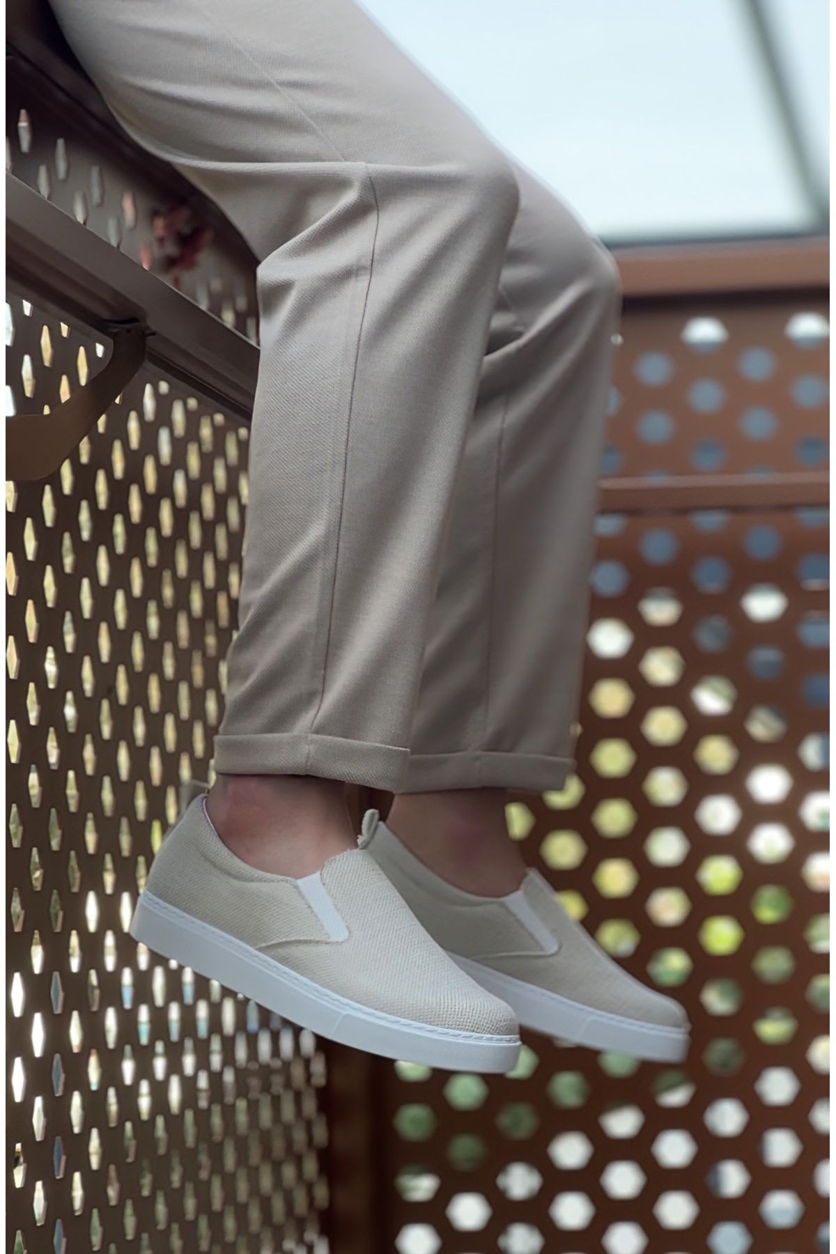BOA-BA0339 Pantofi casual pentru bărbați din in - Talpă alb crem, fără șireturi 4
