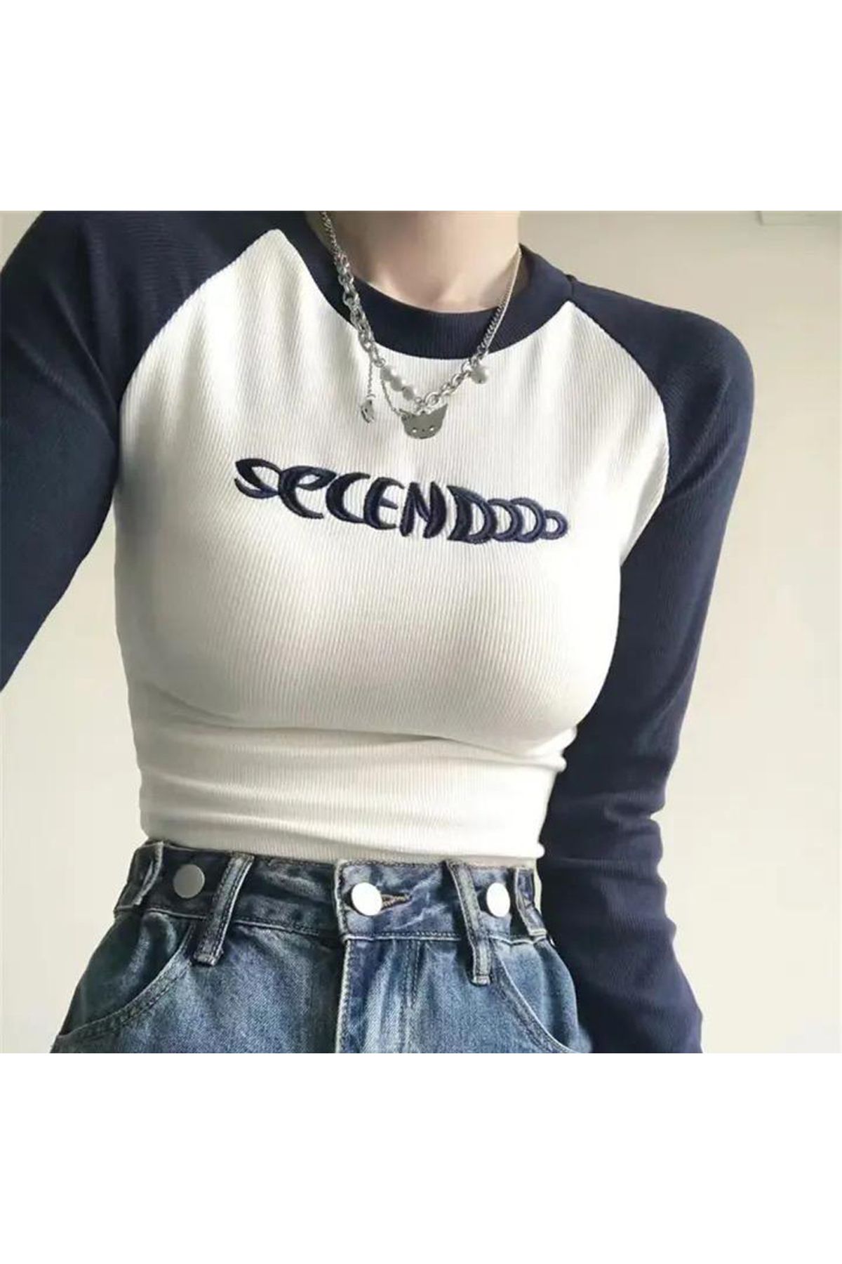 برش آستین بلند مول سفید Secendo Raglan