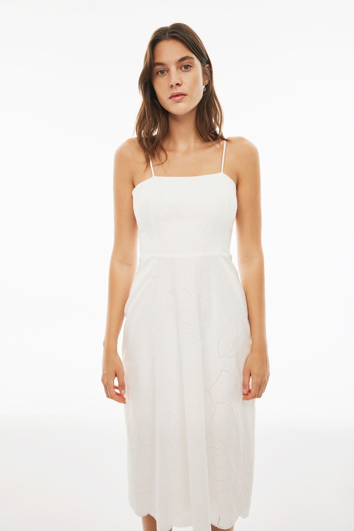 Perspective-Branny Regular Fit Midi Length Strap Square Collar Ecru Color Dress 3