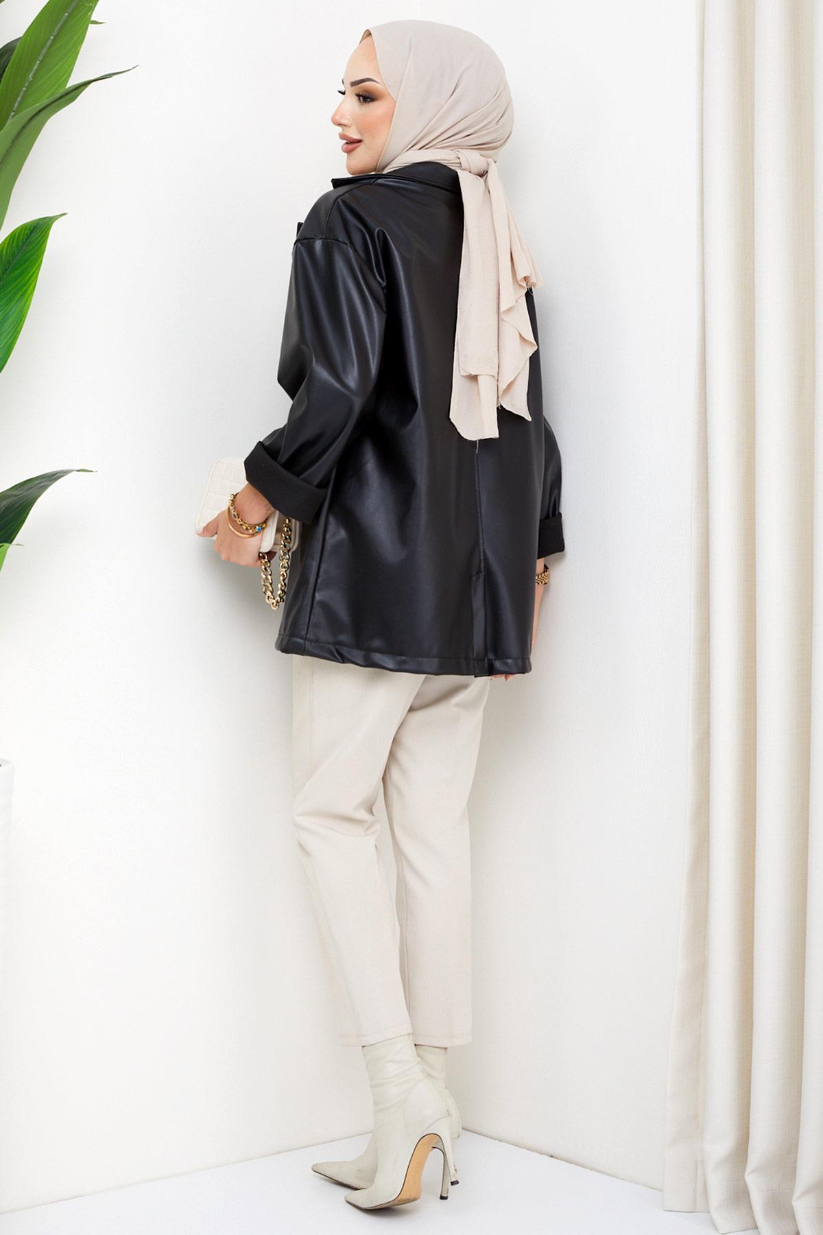 hafsamina  Suni Deri Ceket Siyah HM2270 - Görsel 4